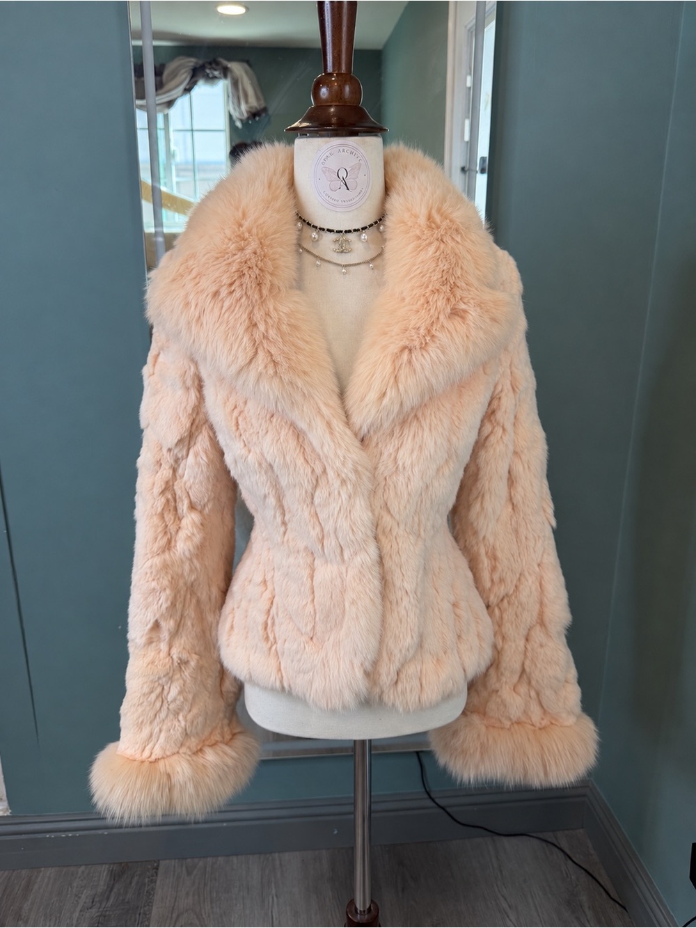 Blush Pink Rabbit Fur Jacket Fox Fur Collar & Cuffs Cropped Fitted XS